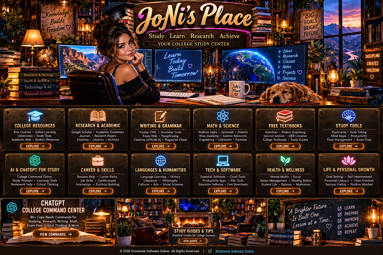 JoNi's illustrated study command center with twelve subject panels, a ChatGPT command center button, a study guides button, and a five-item subject sidebar. Every pictured Explore and View button is interactive.