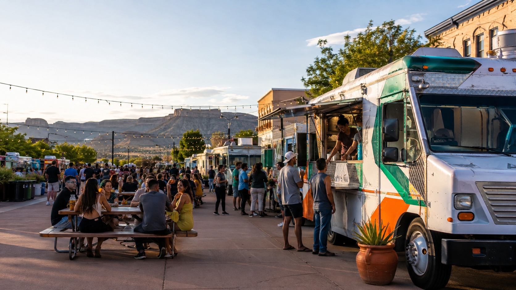 Customers enjoying a colorful food truck event