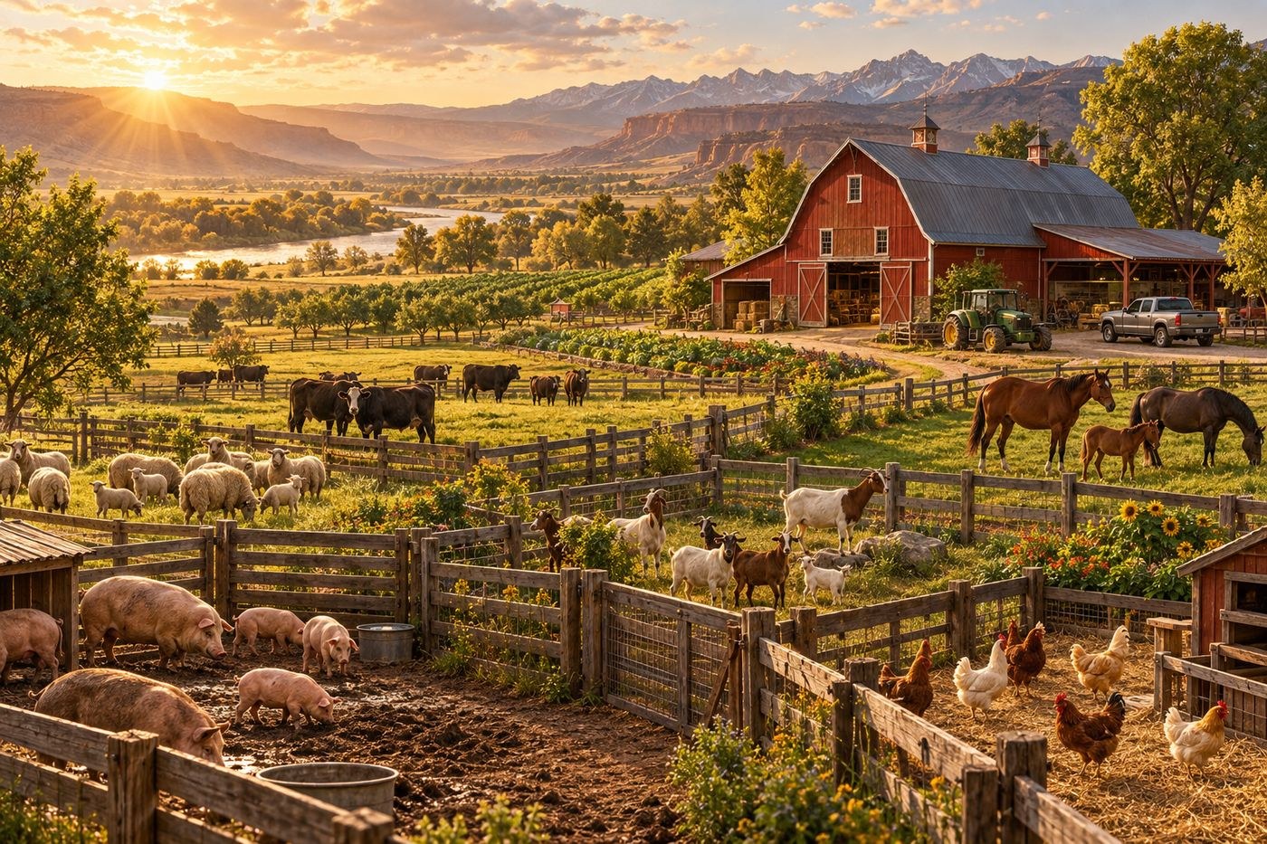 A farm at sunrise with horses, cattle, sheep, goats, pigs and chickens in their pens, a red barn and a tractor