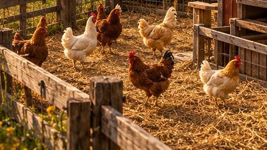 Hens and a rooster scratching in straw