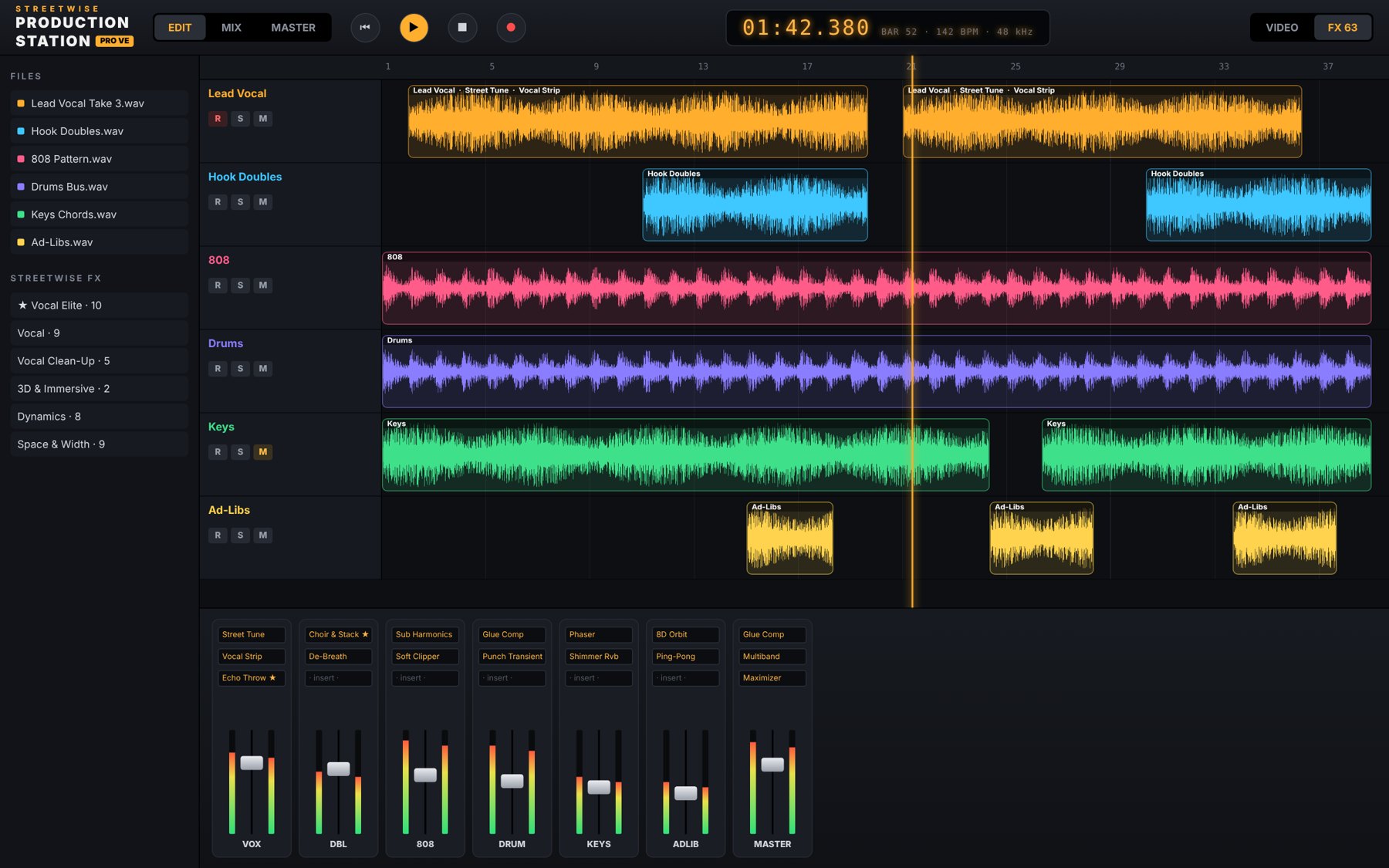 Production Station showing the Edit page with six tracks and the mixer
