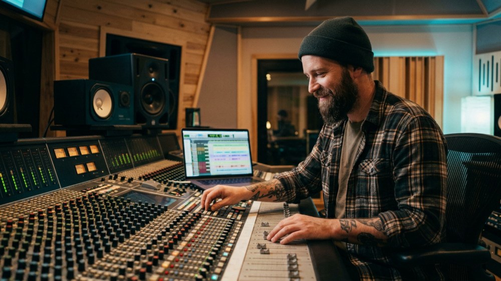 A bearded mix engineer smiling at a mixing console with Production Station open on a laptop