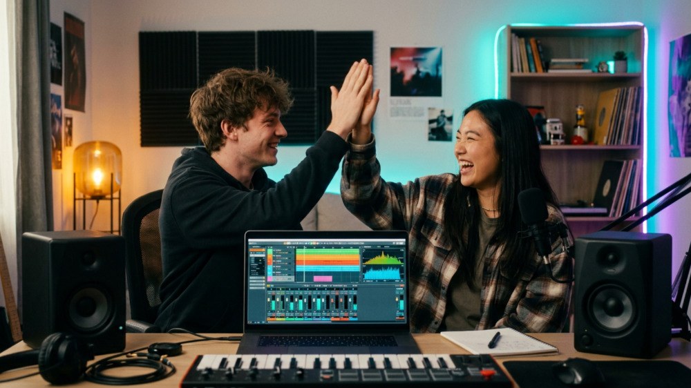 Two producers high-fiving in front of a laptop