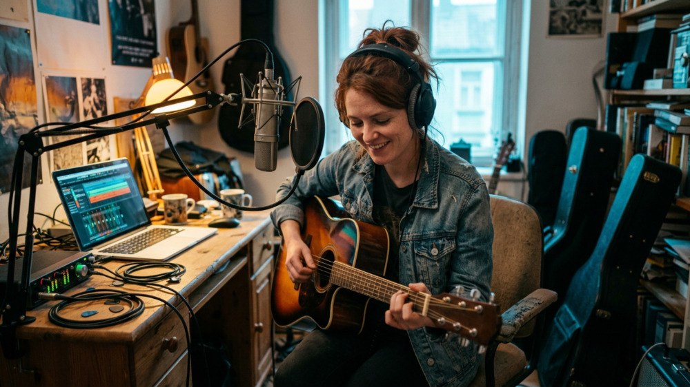 A guitarist recording at home with headphones and a laptop