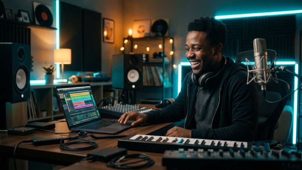 A producer smiling at a laptop in his home studio