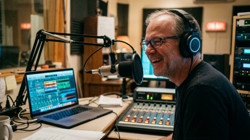 A radio DJ laughing into a broadcast microphone