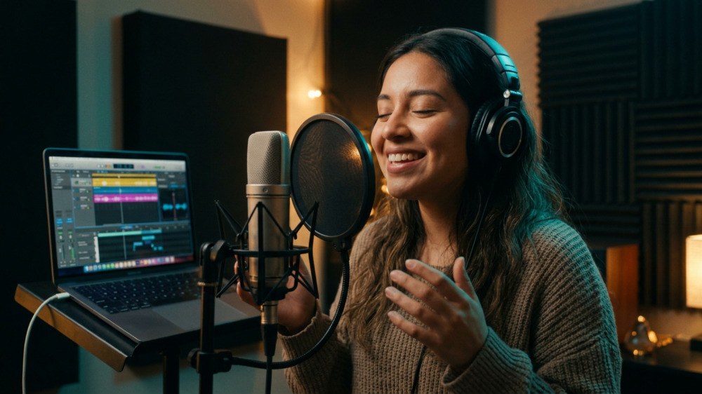 A singer smiling in a vocal booth with a laptop beside her