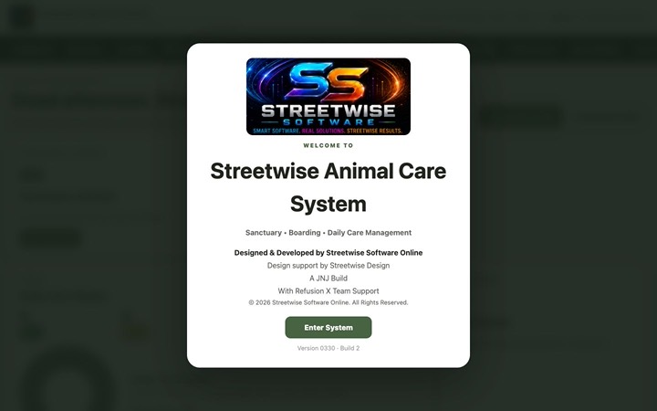 Home page of Streetwise Animal Care System