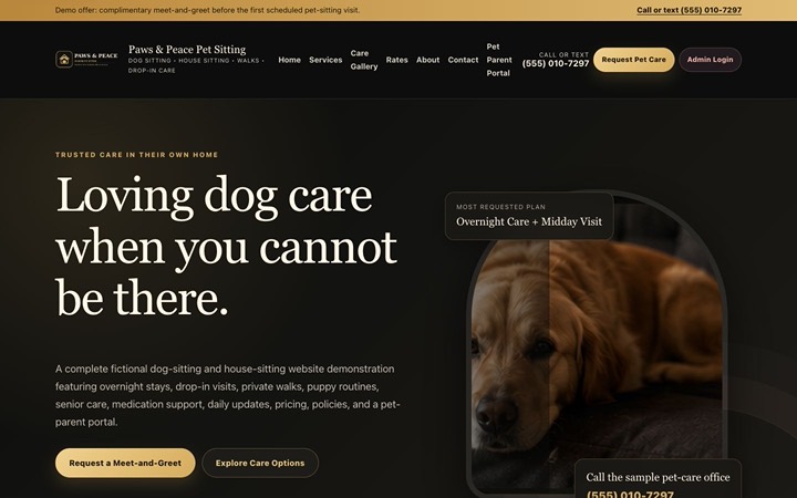 Home page of Pet Sitting Site