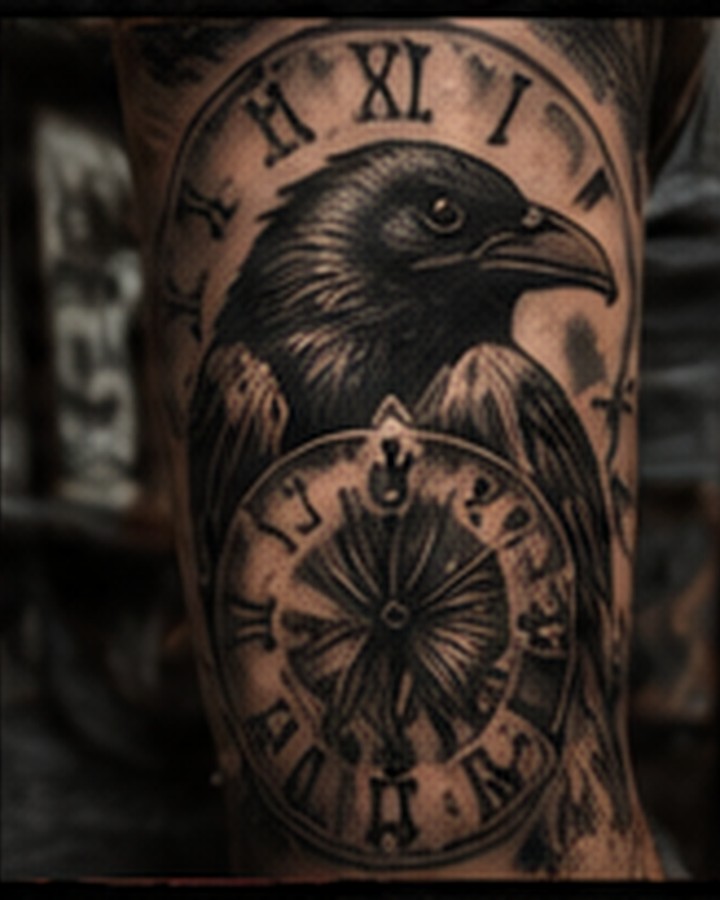 Black and gray eagle and clock tattoo