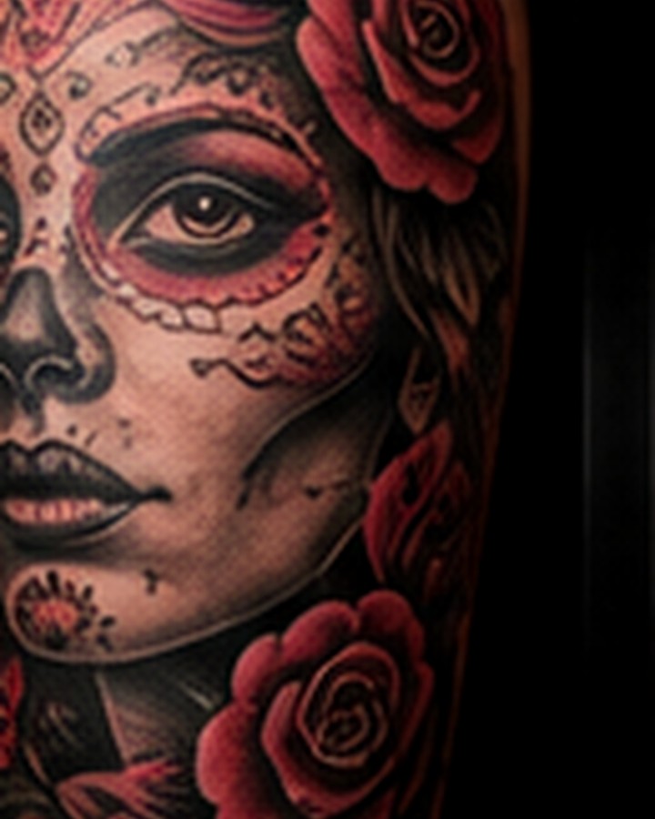 Color sugar skull tattoo