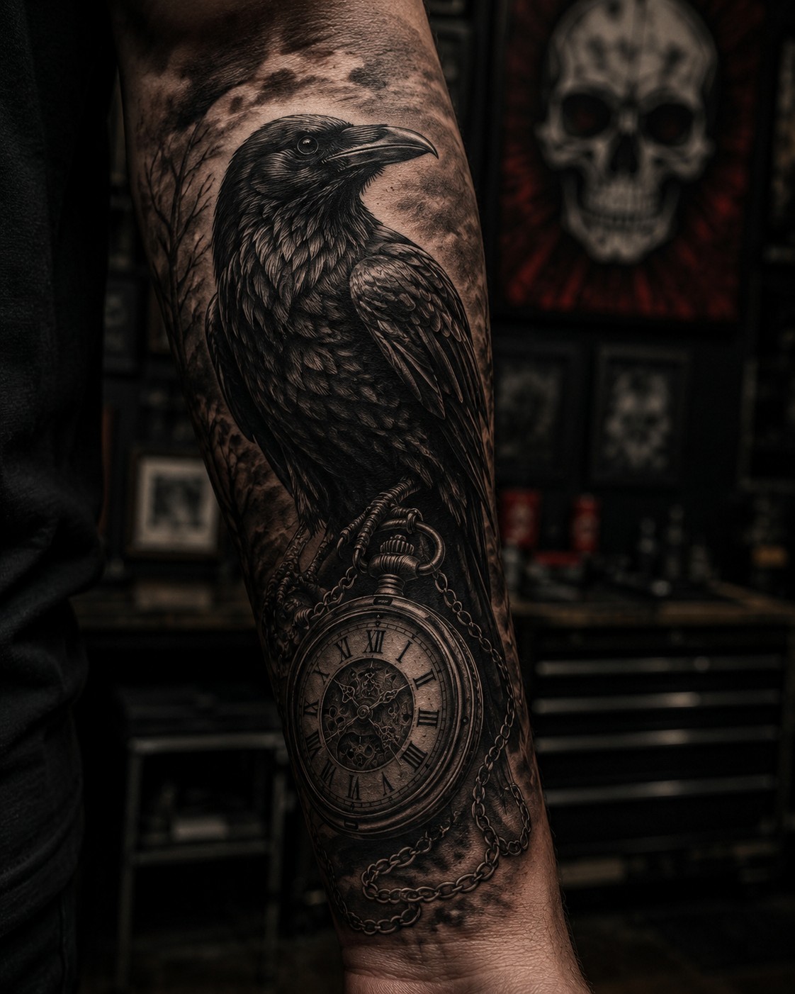 Black and gray raven and antique pocket watch tattoo