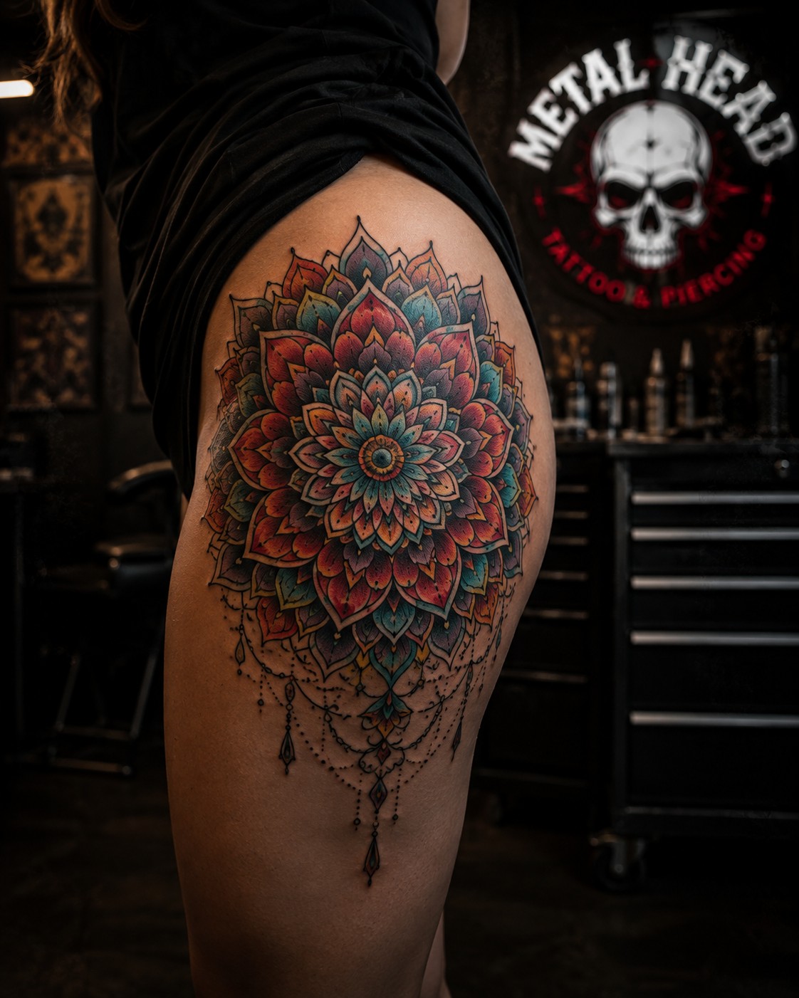 Color mandala thigh tattoo