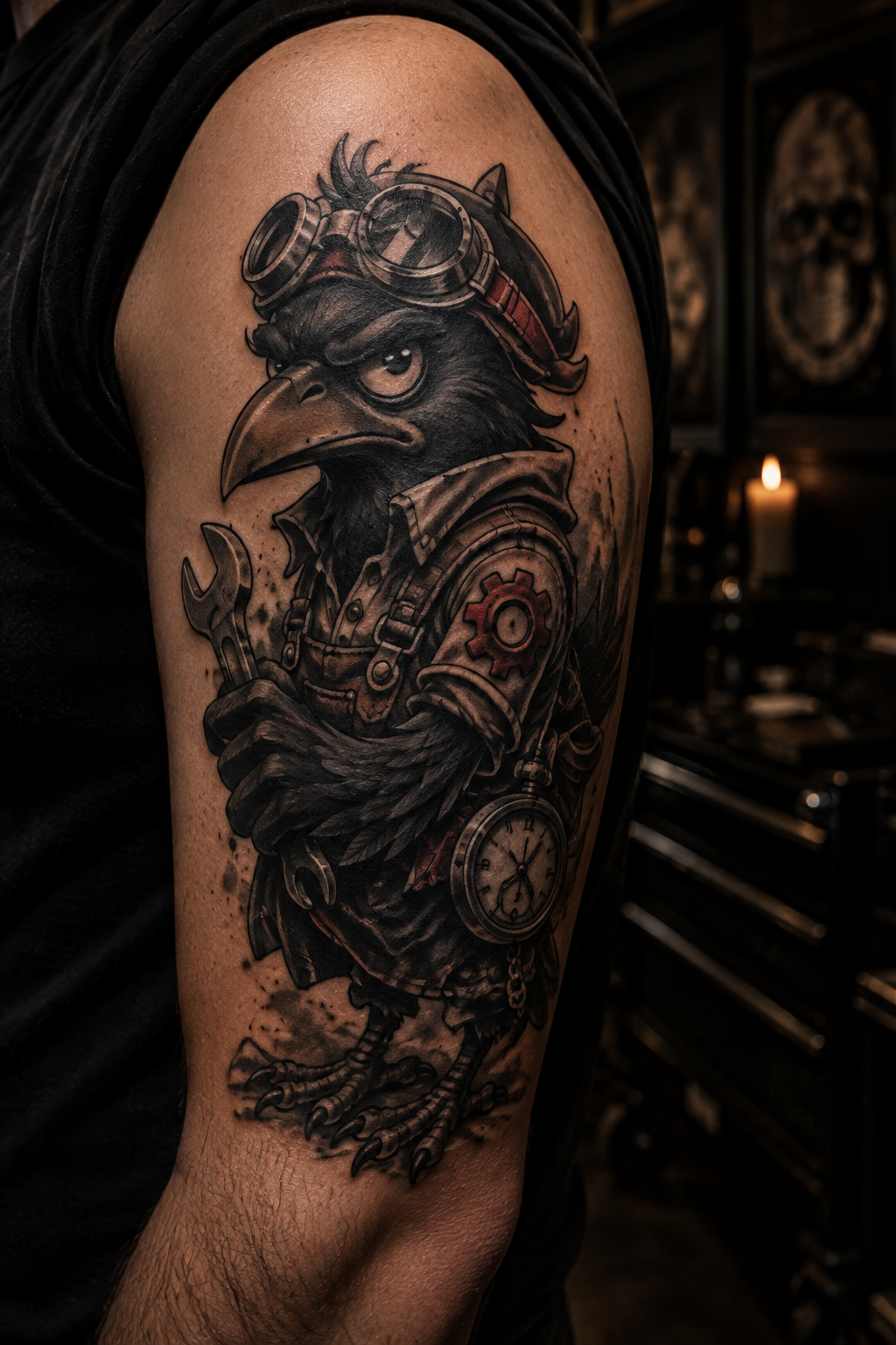 Steampunk raven mechanic cartoon tattoo