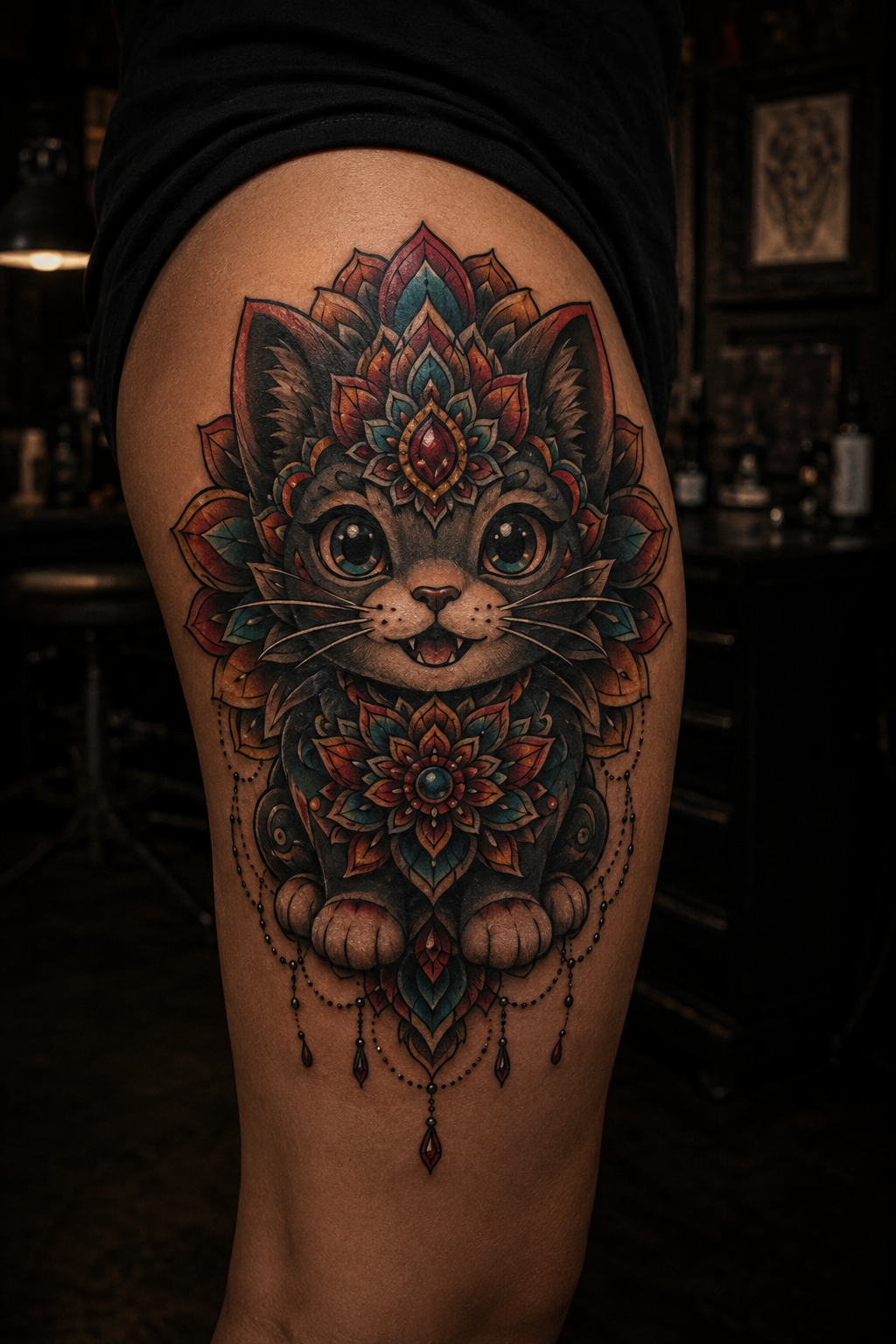 Ornate cat mandala cartoon tattoo
