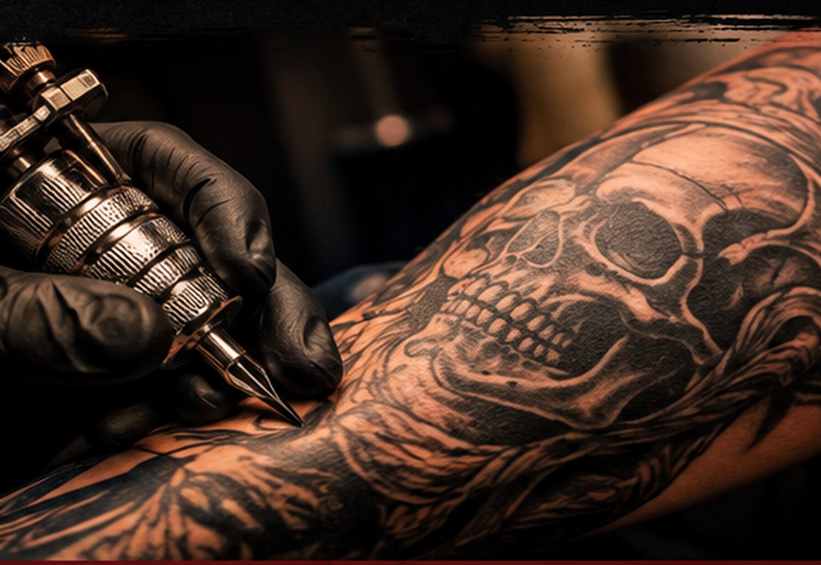 Tattoo artist working on a black-and-gray tattoo