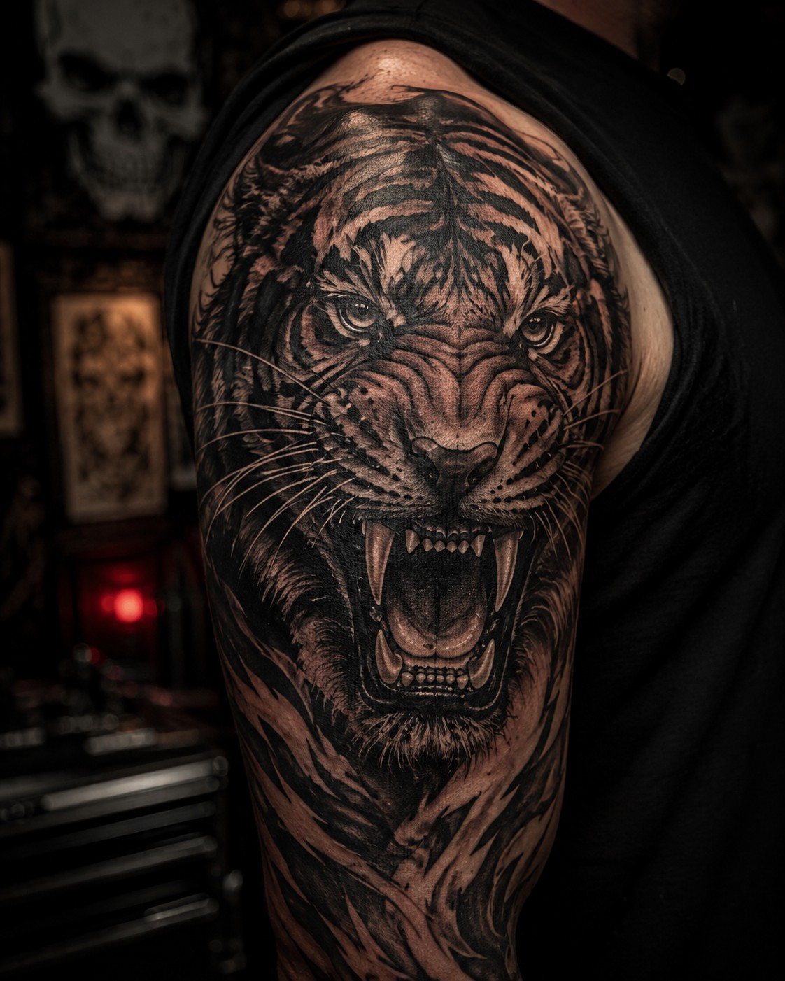 Realistic black and gray roaring tiger shoulder tattoo