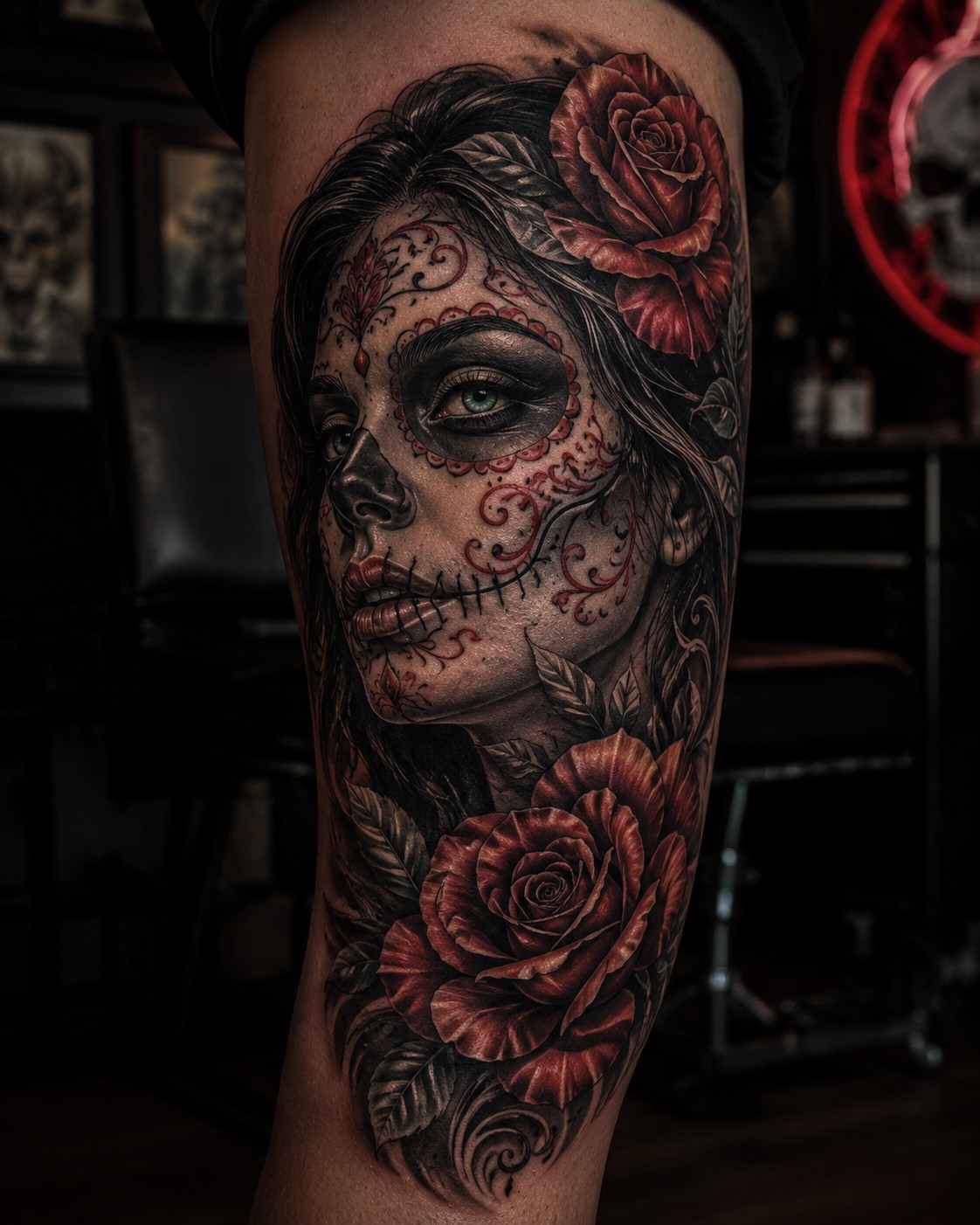 Day of the Dead portrait tattoo with deep red roses