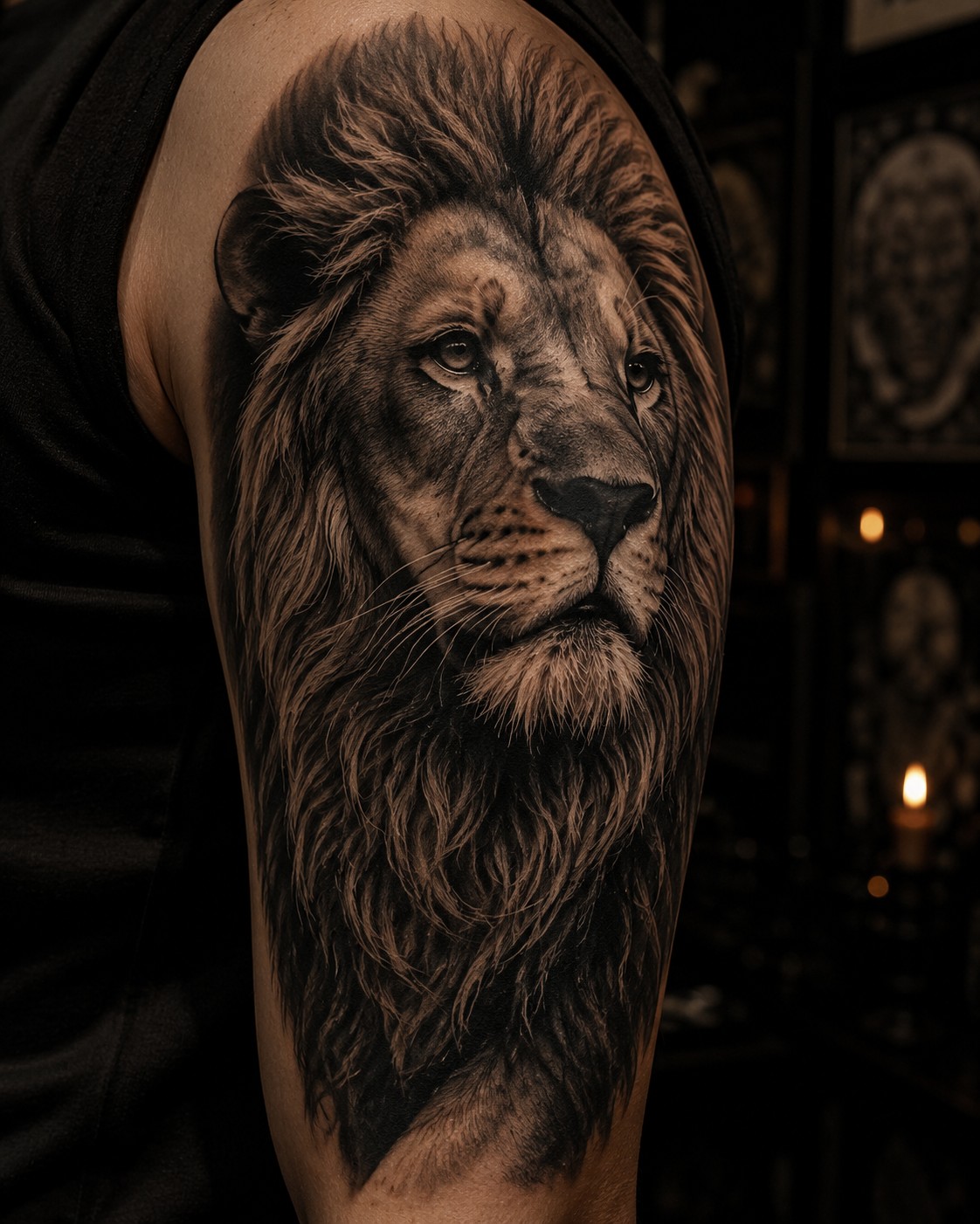 Realistic black and gray lion tattoo