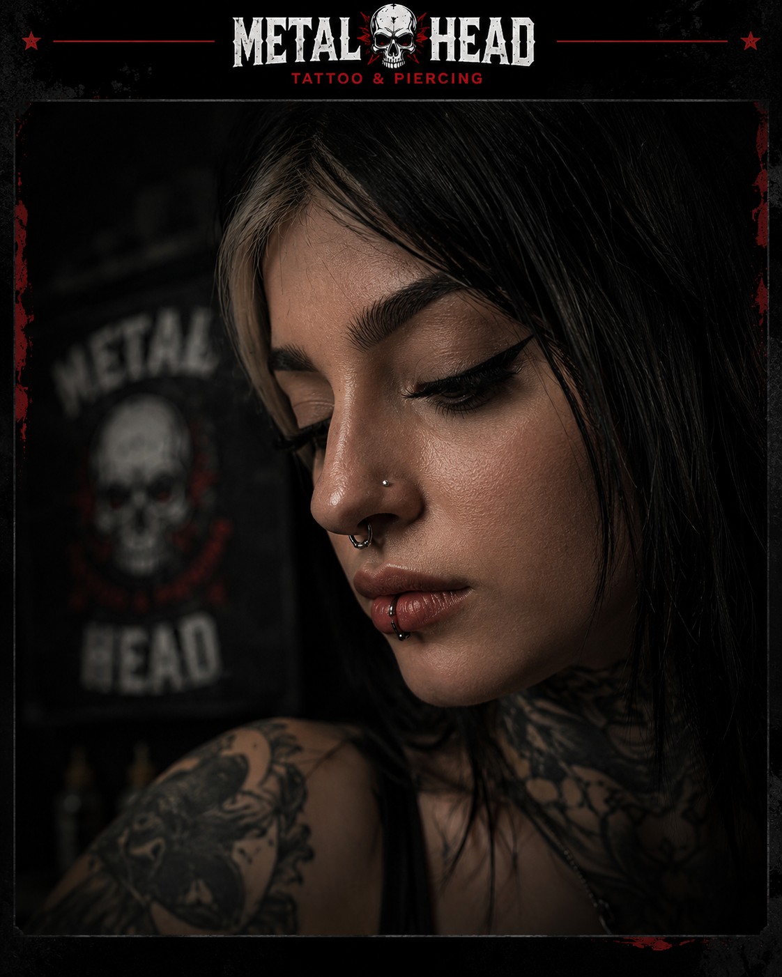 Portrait showing professional nose and lip piercings