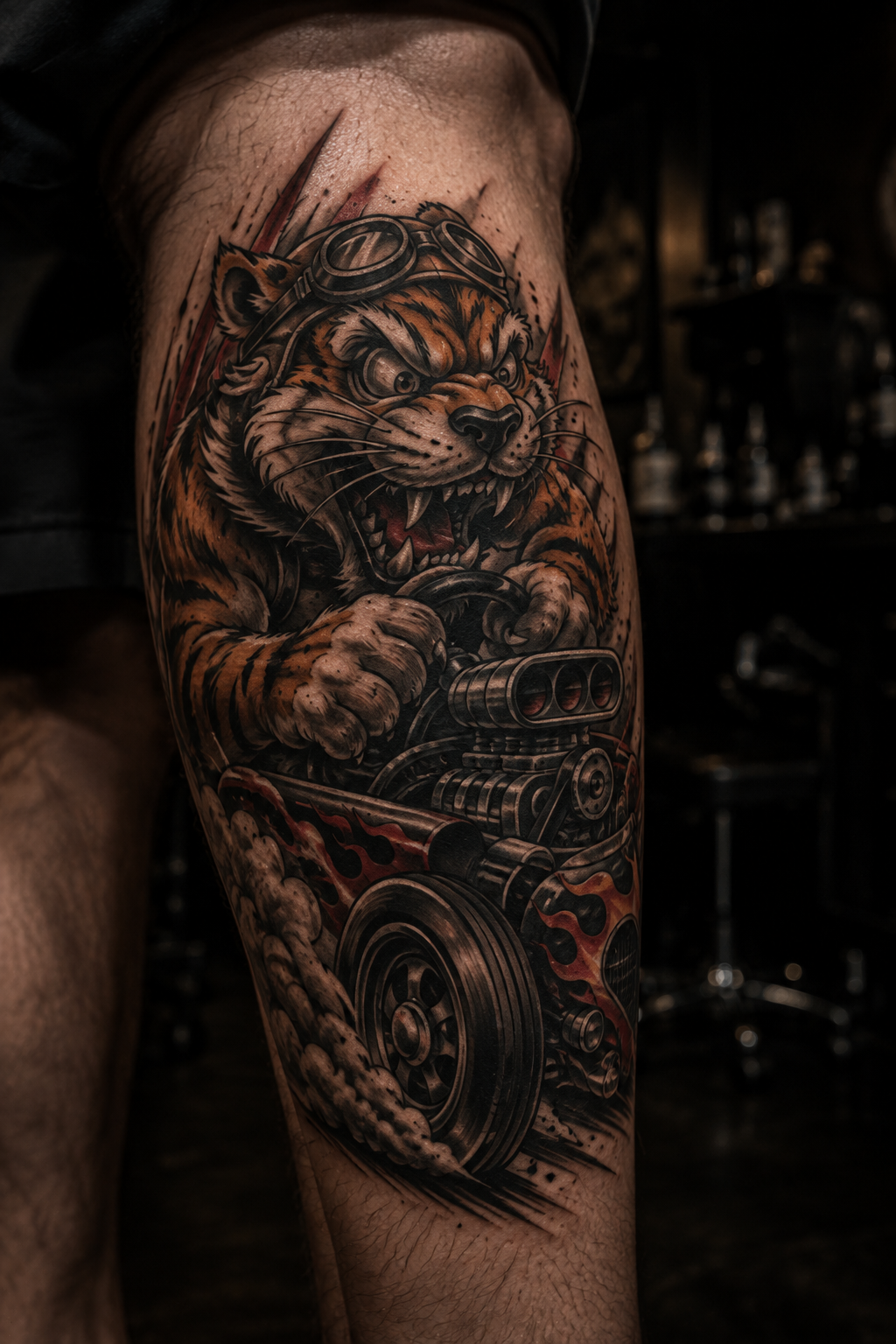 Hot rod tiger cartoon tattoo