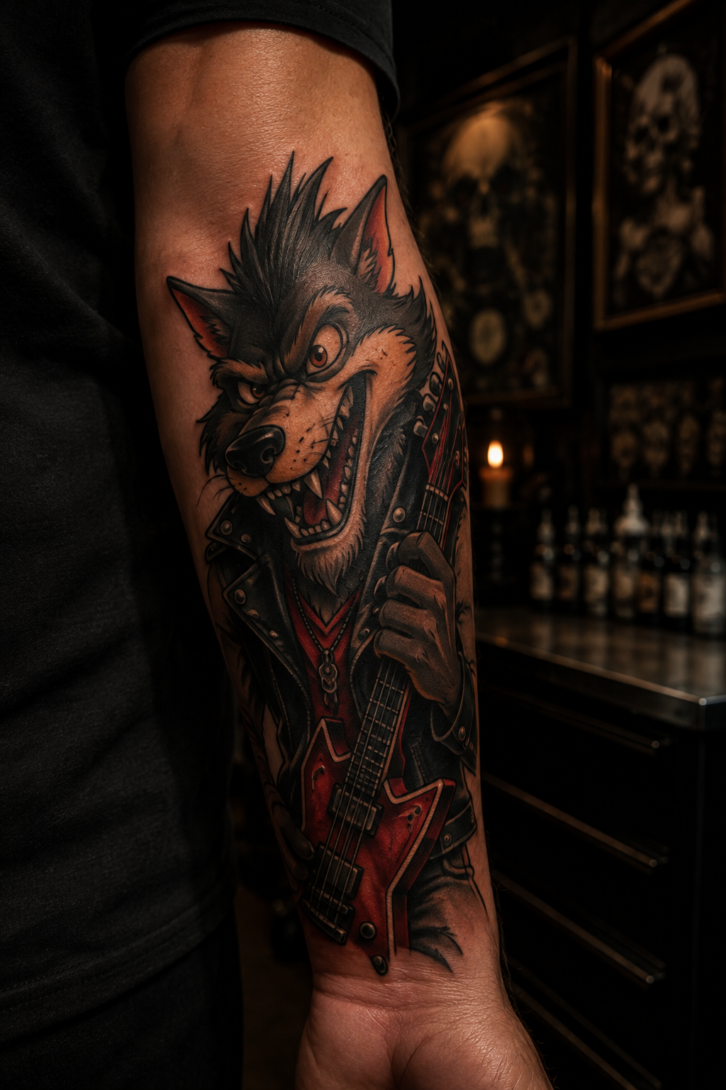 Werewolf rocker cartoon tattoo
