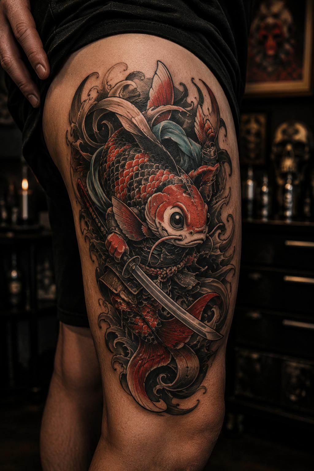 Warrior koi cartoon tattoo
