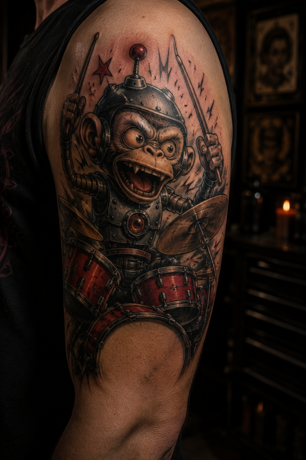 Mechanical monkey drummer cartoon tattoo